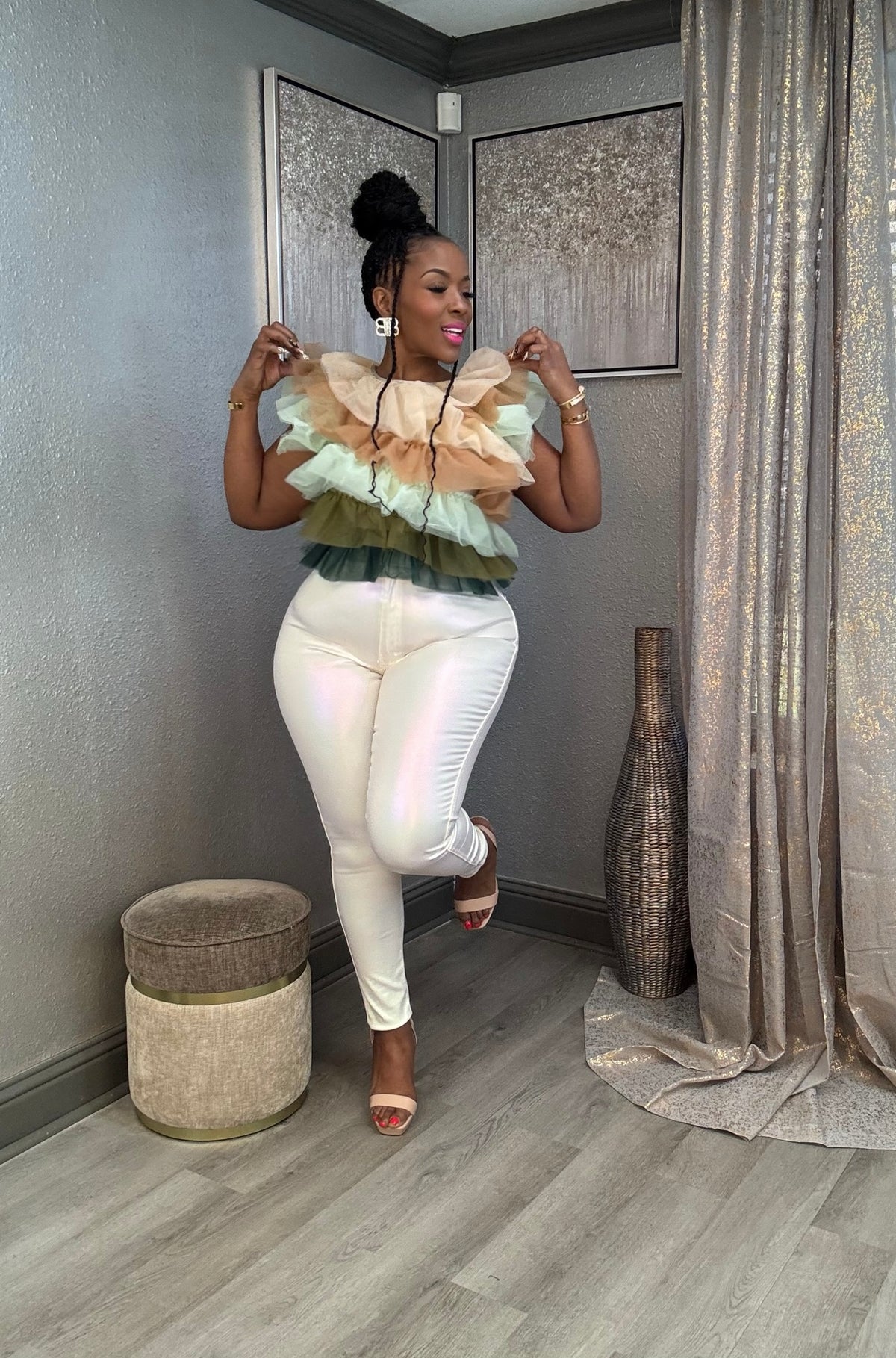 Bed of Roses Blouse in OLIVE & NUDE